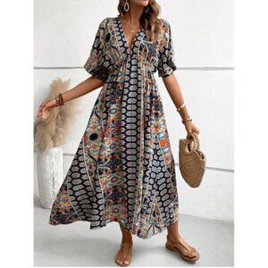 boho gypsy floral geo paisley print short sleeve maxi dress navy blue